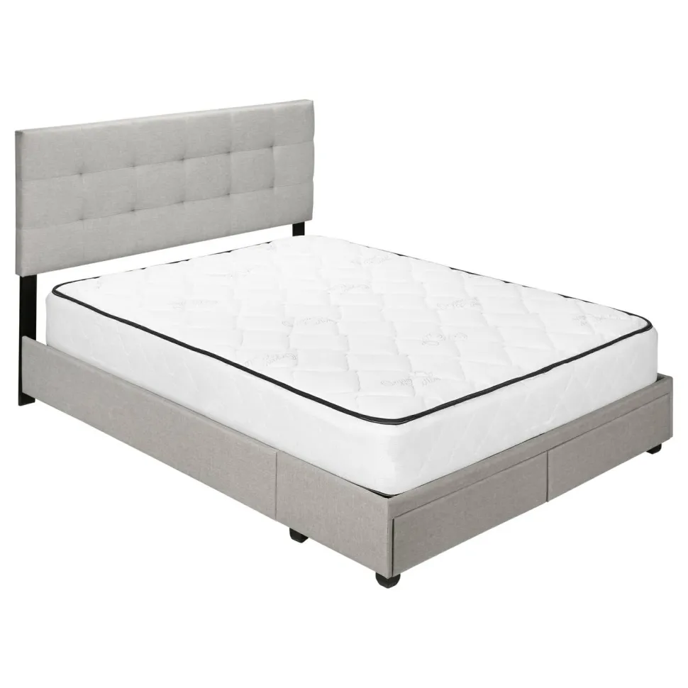 Bed, Queen Size, Bedroom, Frame, Upholstered, Grey Linen Look, Wood Legs, Transitional