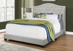 Bed, Queen Size, Bedroom, Frame, Upholstered, Grey Velvet, Chrome Trim, Traditional