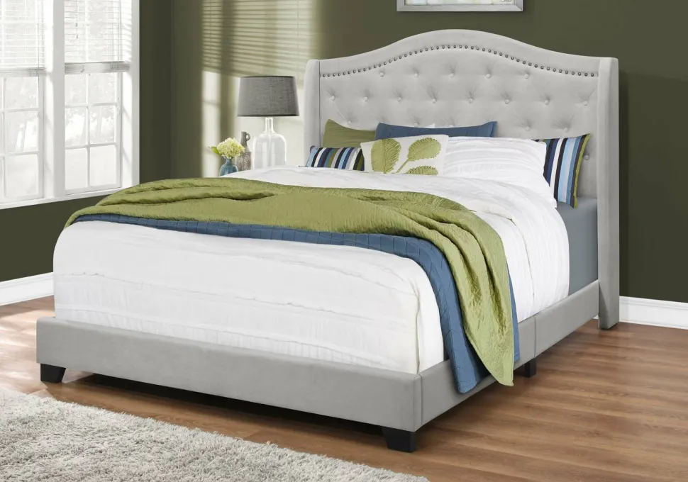 Bed, Queen Size, Bedroom, Frame, Upholstered, Grey Velvet, Chrome Trim, Traditional