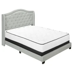 Bed, Queen Size, Bedroom, Frame, Upholstered, Grey Velvet, Chrome Trim, Traditional