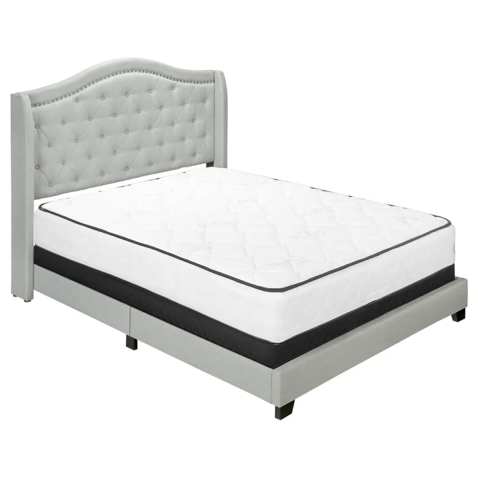 Bed, Queen Size, Bedroom, Frame, Upholstered, Grey Velvet, Chrome Trim, Traditional