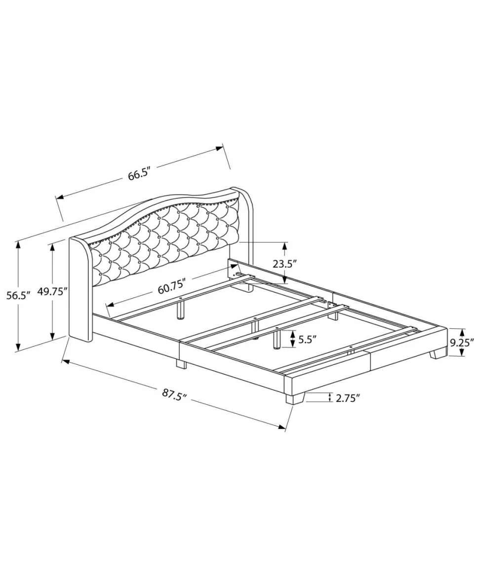 Bed, Queen Size, Bedroom, Frame, Upholstered, Grey Velvet, Chrome Trim, Traditional