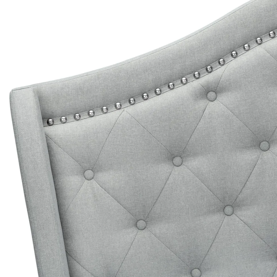Bed, Queen Size, Bedroom, Frame, Upholstered, Grey Velvet, Chrome Trim, Traditional