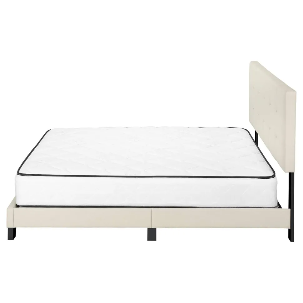 Bed, Queen Size, Bedroom, Frame, Upholstered, Beige Linen Look, Black Wood Legs, Transitional