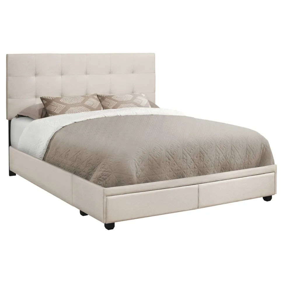 Bed, Queen Size, Bedroom, Frame, Upholstered, Beige Linen Look, Black Wood Legs, Transitional