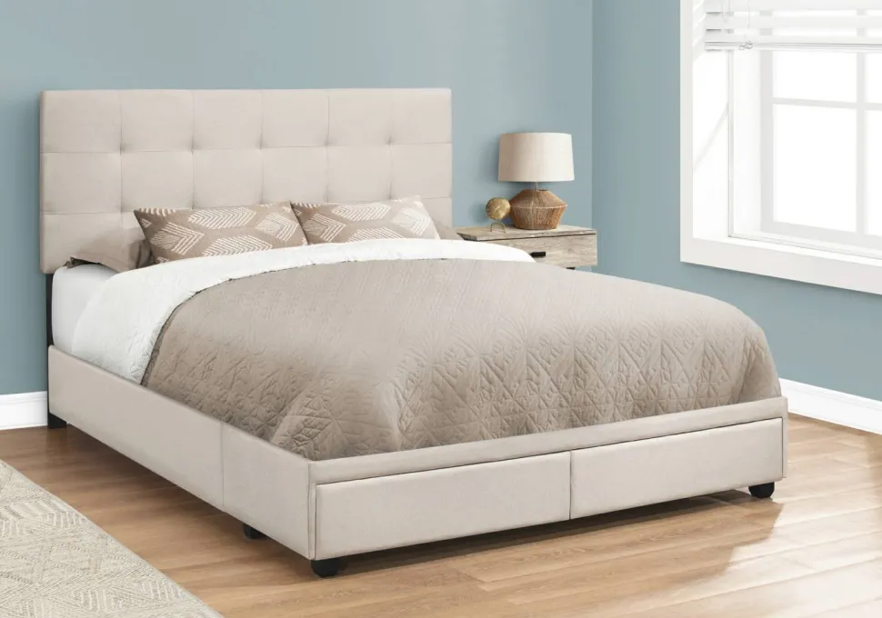 Bed, Queen Size, Bedroom, Frame, Upholstered, Beige Linen Look, Black Wood Legs, Transitional