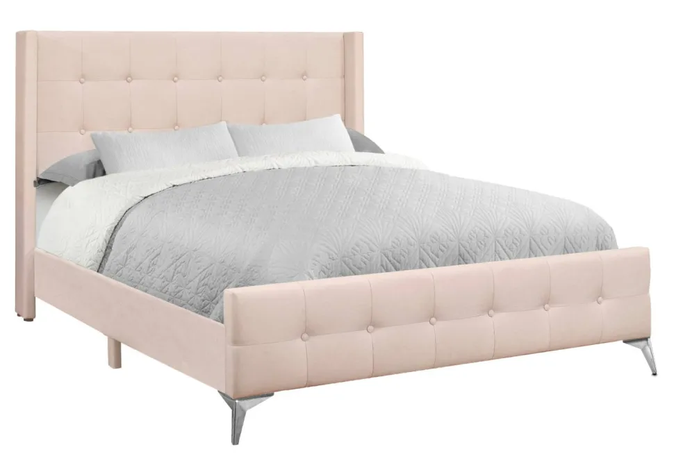 Bed, Queen Size, Bedroom, Upholstered, Pink Velvet, Chrome Metal Legs