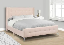 Bed, Queen Size, Bedroom, Upholstered, Pink Velvet, Chrome Metal Legs