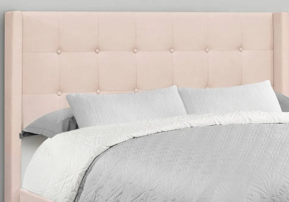 Bed, Queen Size, Bedroom, Upholstered, Pink Velvet, Chrome Metal Legs