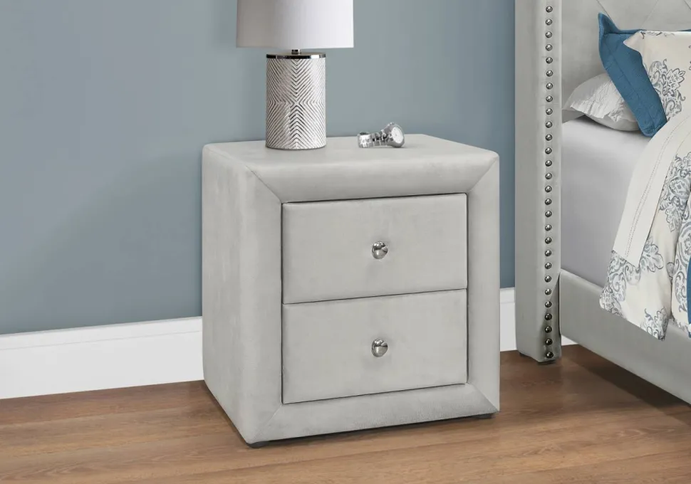 Bedroom Accent, Nightstand, End, Side, Lamp, Storage Drawer, Bedroom, Upholstered, Grey Velvet, Transitional