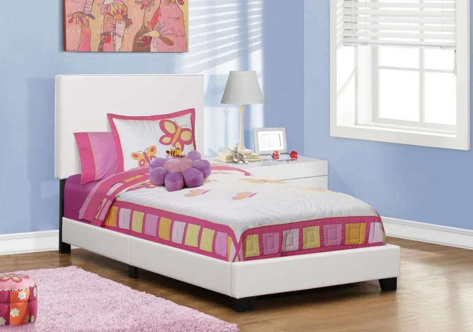 Bed, Twin Size, Bedroom, Frame, Upholstered, White Leather Look, Transitional