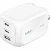 Belkin 100W GaN 3-Port USB Wall Charger - 1xUSB-A, 2xUSB-C - Foldable Prongs - Power Adapter - White