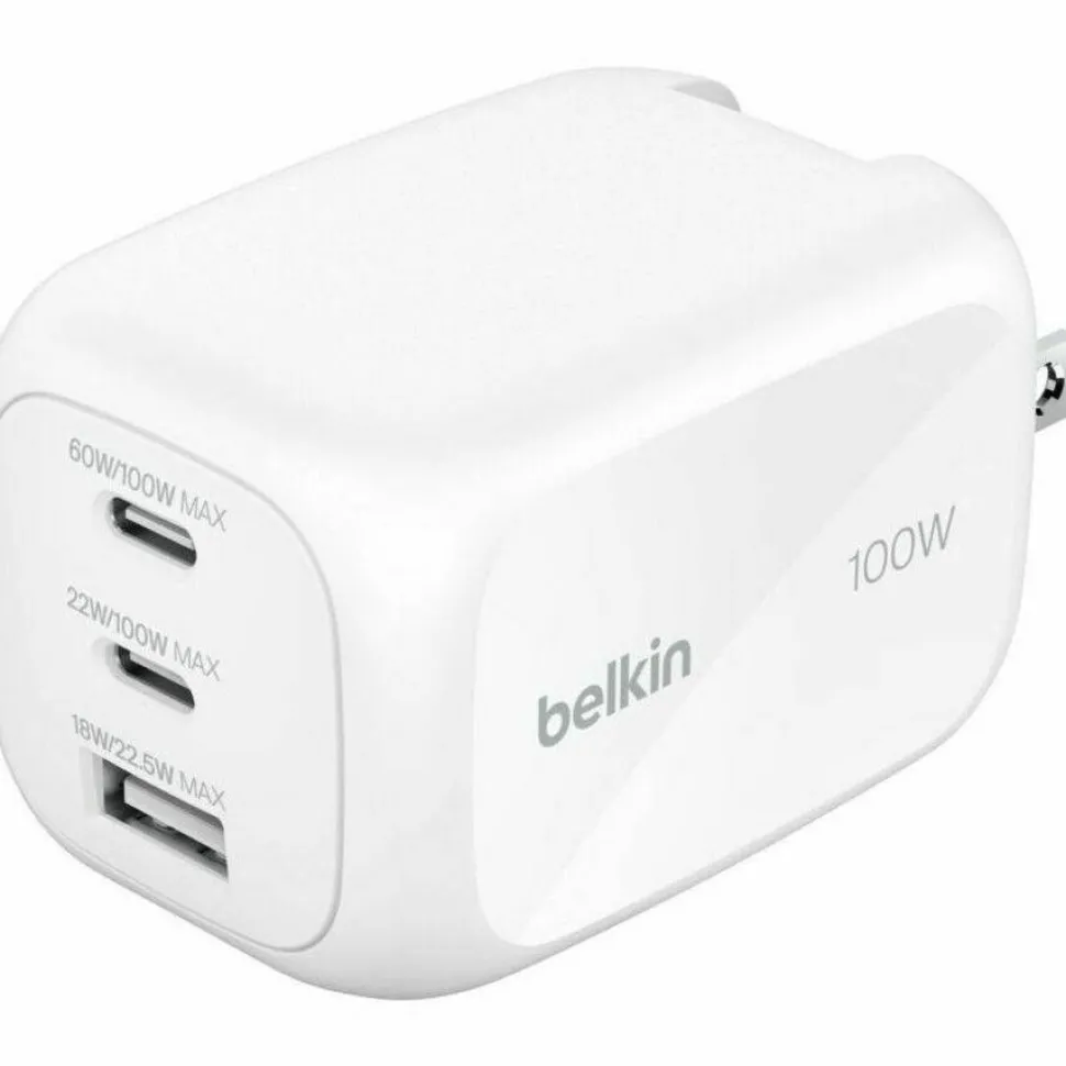 Belkin 100W GaN 3-Port USB Wall Charger - 1xUSB-A, 2xUSB-C - Foldable Prongs - Power Adapter - White