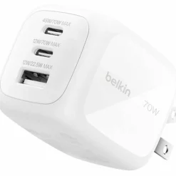 Belkin 70W GaN 3-Port USB Wall Charger - 1xUSB-A, 2xUSB-C - Foldable Prongs - Power Adapter - White