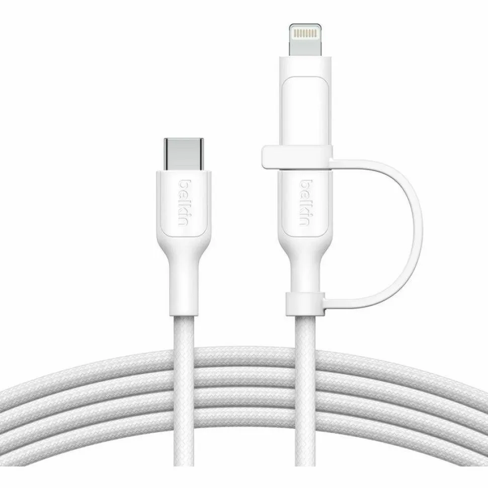 Belkin 60W 2-in-1 USB-C to USB-C and Lightning Cable - 480 Mbps - Braided - M/M - 5ft/1.5m - White