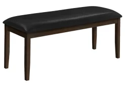 Bench, 48" Rectangular, Dining Room, Hallway, Entryway, Upholstered, Wood, Brown Solid Wood, Black Leather-look, Transitional