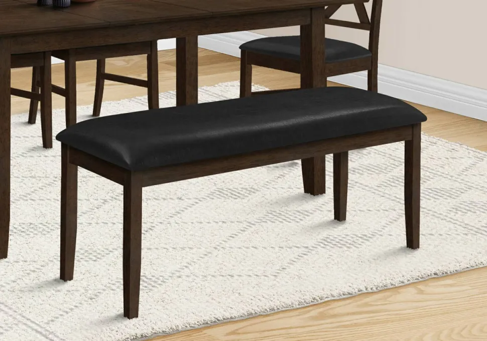 Bench, 48" Rectangular, Dining Room, Hallway, Entryway, Upholstered, Wood, Brown Solid Wood, Black Leather-look, Transitional