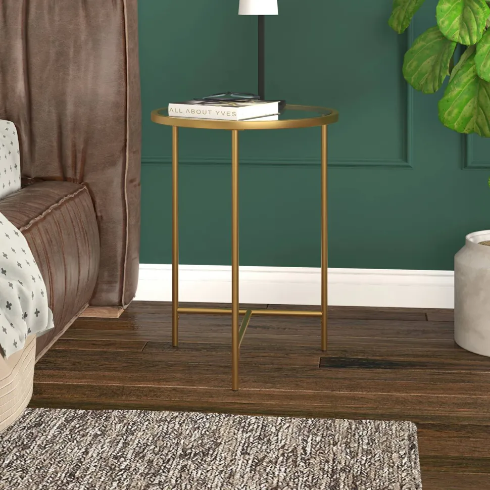 Berenson 18" Wide Round Side Table with Glass Top in Gold