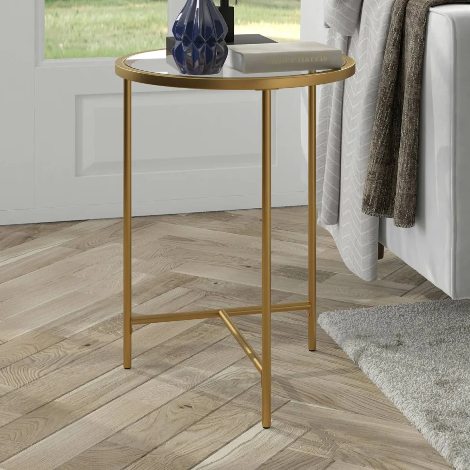 Berenson 18" Wide Round Side Table with Glass Top in Gold