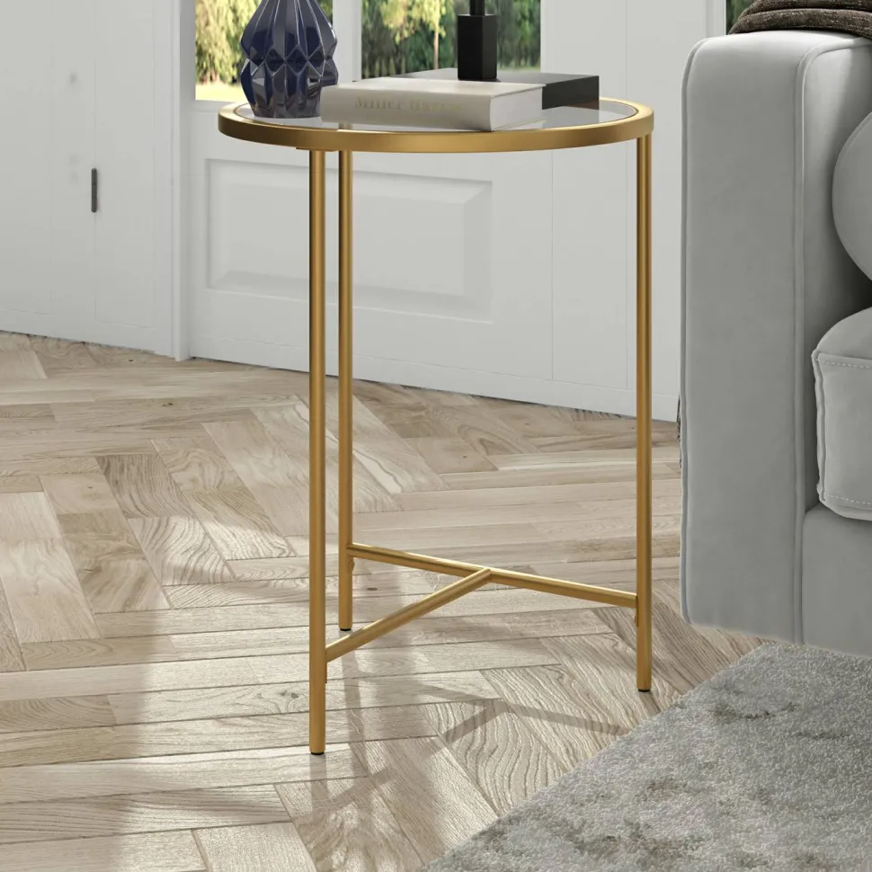 Berenson 18" Wide Round Side Table with Glass Top in Gold