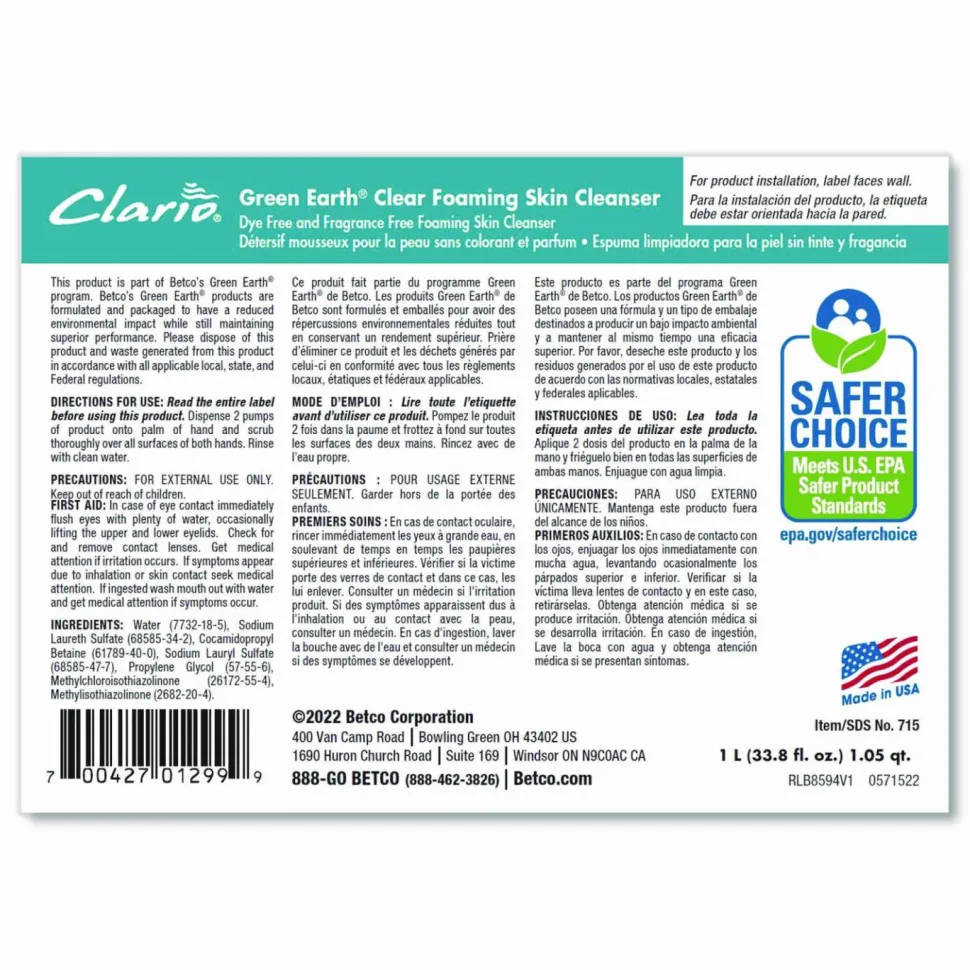 Betco Clario Clear Foaming Skin Cleanser, 1,000 mL, Case Of 6