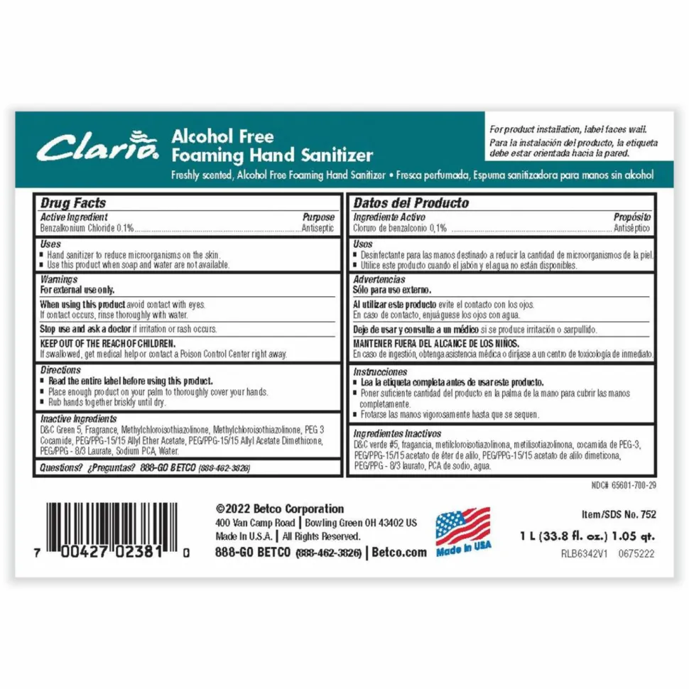 Betco Clario Hand Sanitizer Foam Refill