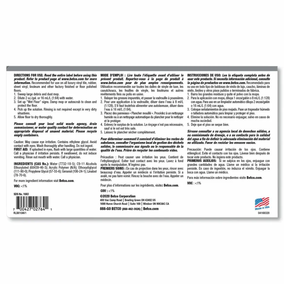 Betco Elevate Reinforce Cleaner, Citrus Scent, 128 Oz Bottle, Case Of 4