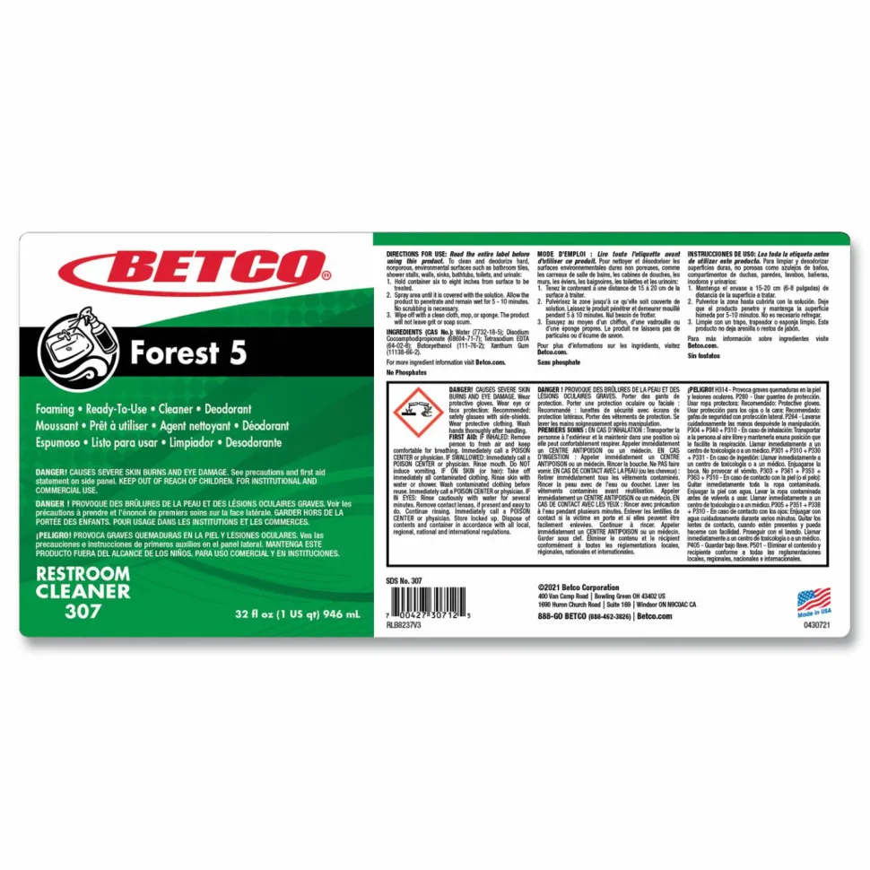 Betco Forest 5 Foaming Cleaner, Mint Scent, 32 oz Bottle, 12/Carton