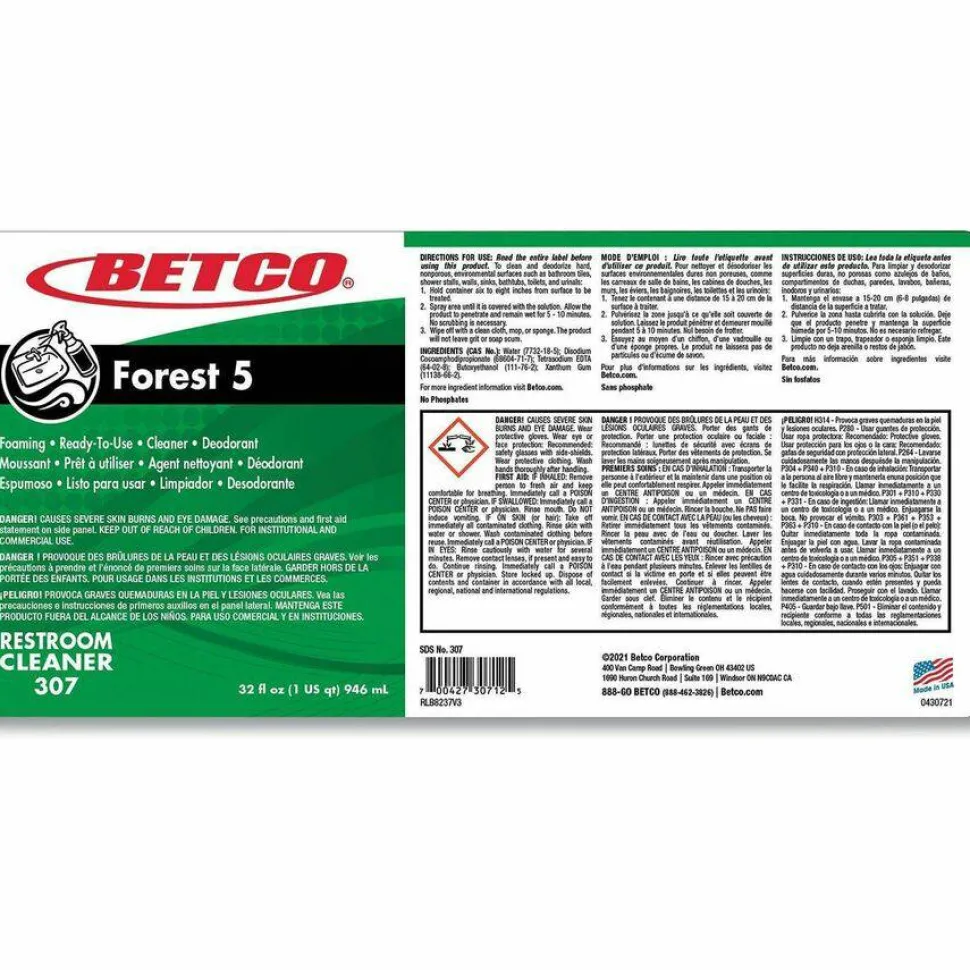 Betco Forest 5 Foaming Cleaner, Mint Scent, 32 oz Bottle, 12/Carton