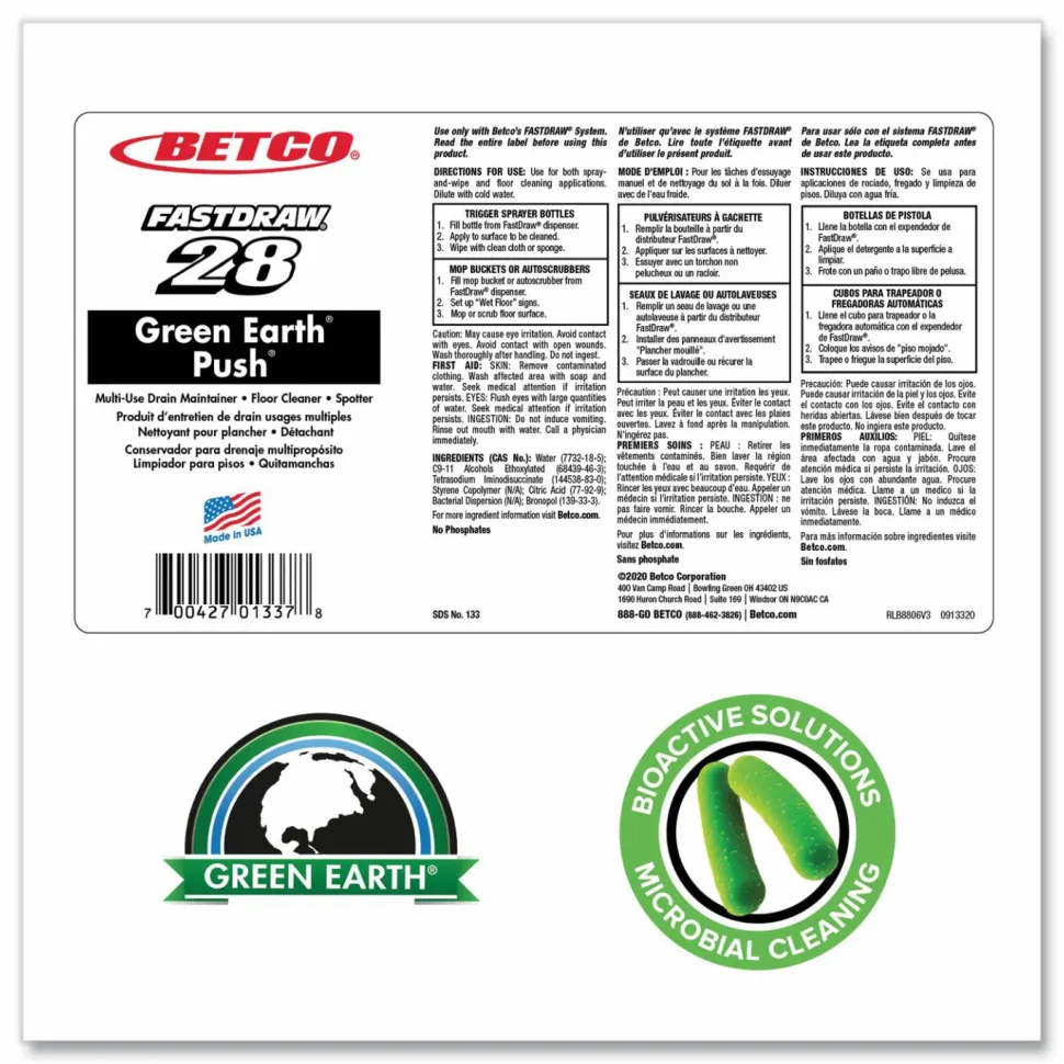 Betco Green Earth Push Drain Maintainer, Floor Cleaner And Carpet Spotter, 67.6 Oz Bottle, Case Of 4