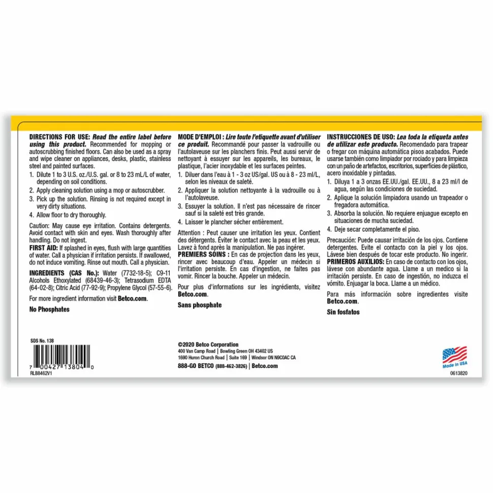 Betco pH7 Floor Cleaner Concentrate, 128 Oz Bottle, Case Of 4