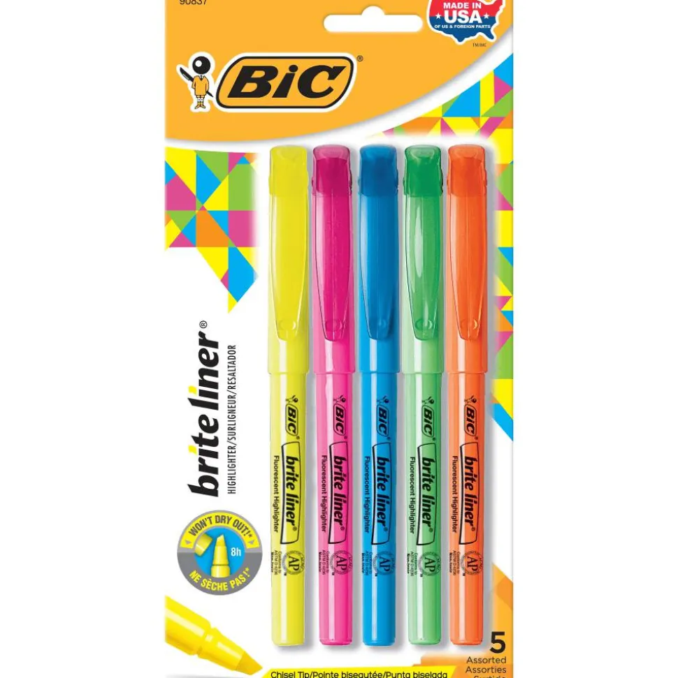 BIC Brite Liner Highlighters Pocket Style, Chisel Point, Assorted, 5-Pack