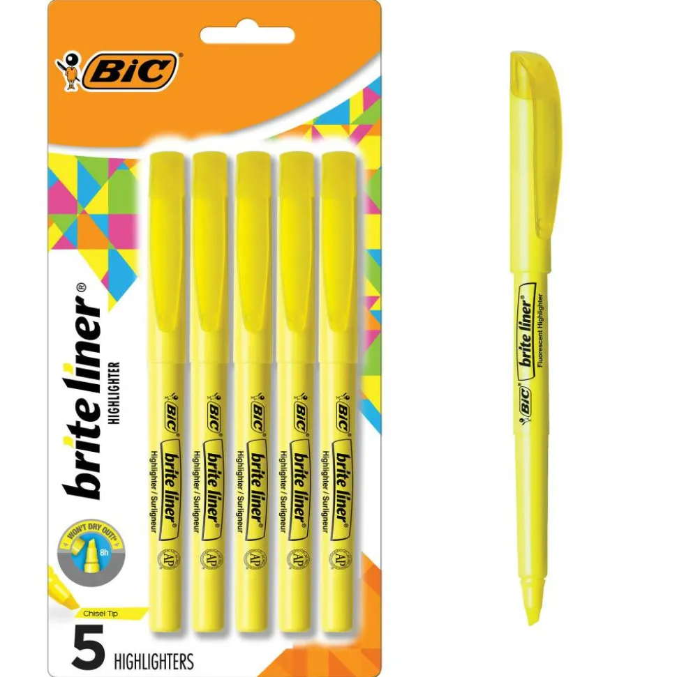 BIC Brite Liner Highlighters, Chisel Point, Yellow, Pack Of 5 Highlighters