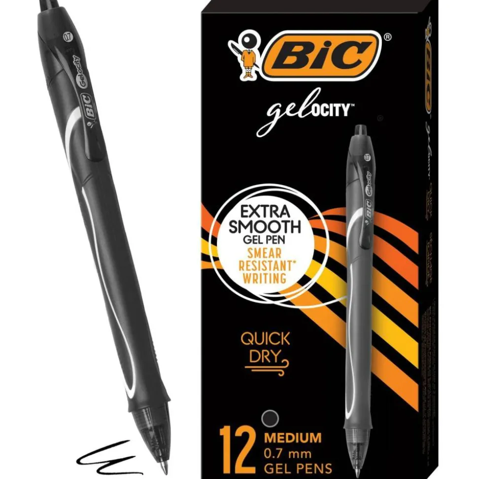 BIC Gelocity Quick Dry Retractable Gel Pens, Medium Point, 0.7 mm, Black Barrel, Black Ink, Pack Of 12