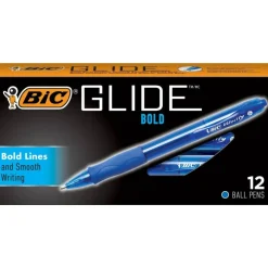 BIC Glide Bold Ballpoint Pens, Bold Point, 1.6 mm, Translucent Barrel, Blue Ink, Pack Of 12 Pens