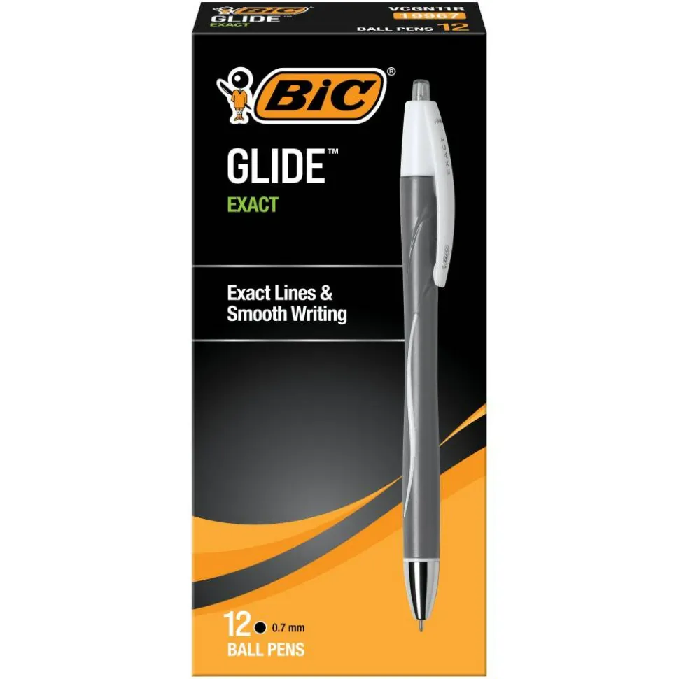 BIC Glide Exact Retractable Ballpoint Pens, Fine Point, 0.7 mm, Gray Barrel, Black Ink, Pack Of 12 Pens