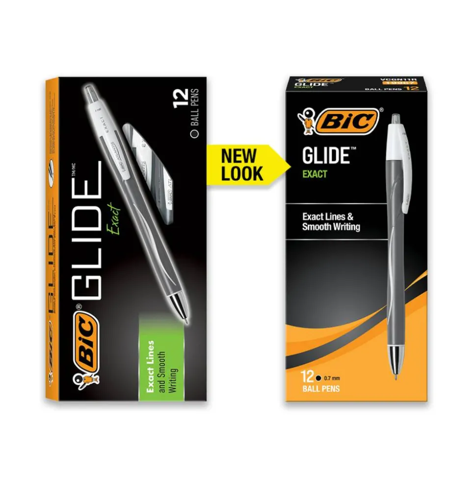 BIC Glide Exact Retractable Ballpoint Pens, Fine Point, 0.7 mm, Gray Barrel, Black Ink, Pack Of 12 Pens