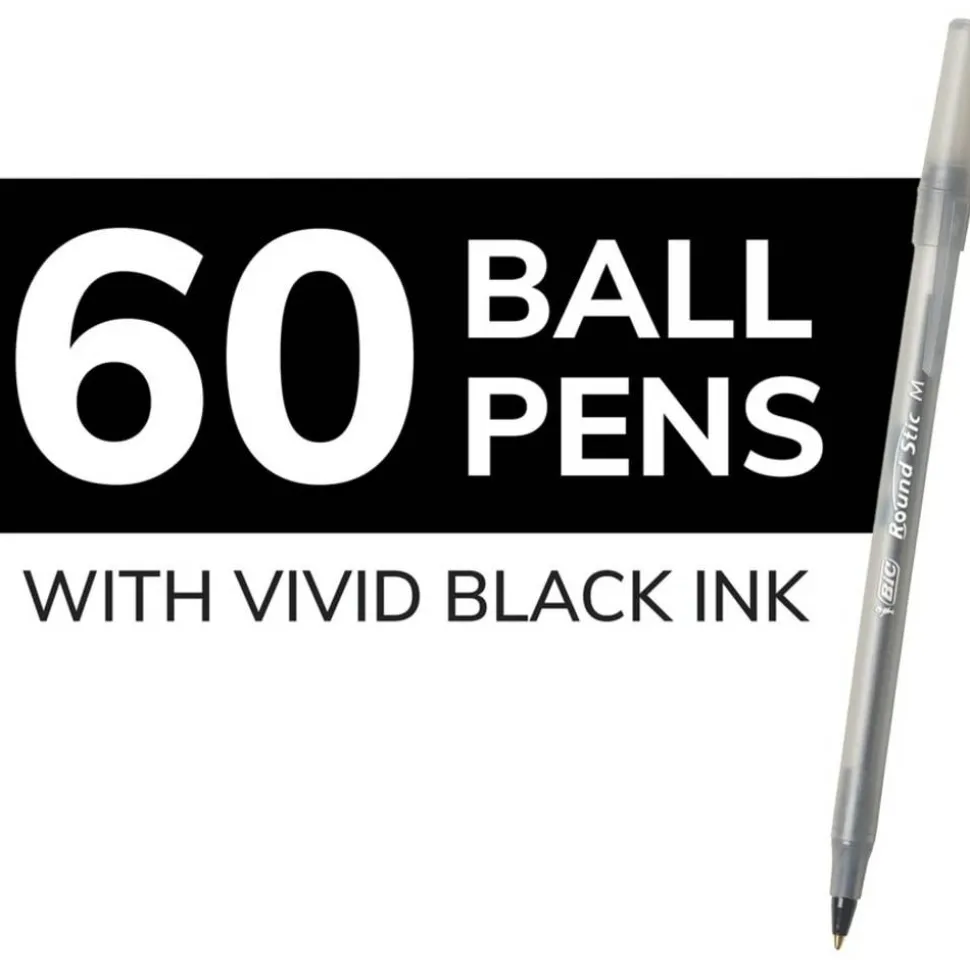 BIC Round Stic Ballpoint Pens, Medium Point, 1.0 mm, Translucent Barrel, Black Ink, Pack Of 60 Pens
