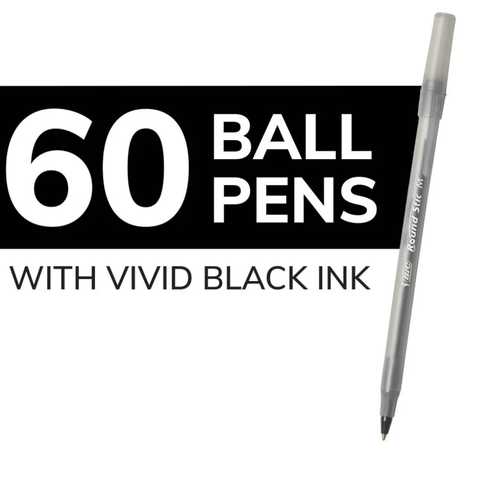 BIC Round Stic Ballpoint Pens, Medium Point, 1.0 mm, Translucent Barrel, Black Ink, Pack Of 60 Pens