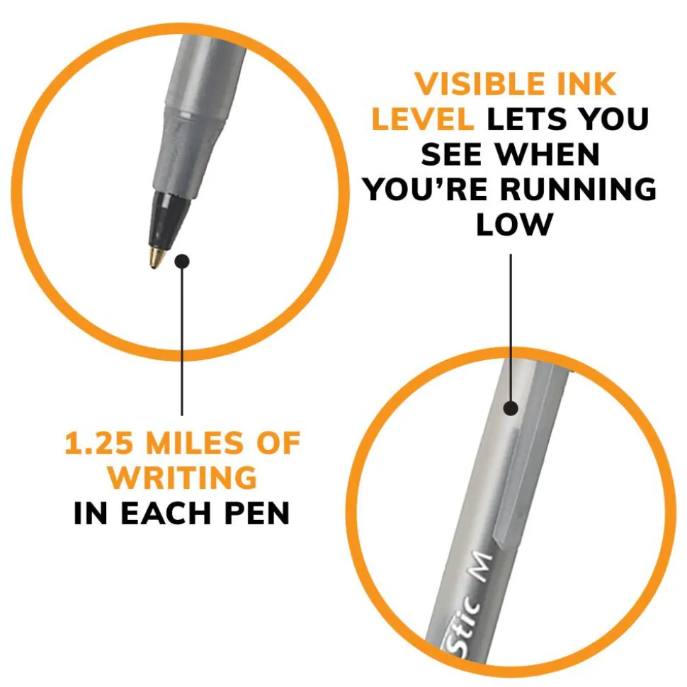 BIC Round Stic Ballpoint Pens, Medium Point, 1.0 mm, Translucent Barrel, Black Ink, Pack Of 60 Pens