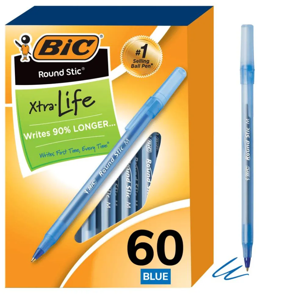 BIC Round Stic Ballpoint Pens, Medium Point, 1.0 mm, Translucent Barrel, Blue Ink, Box Of 60