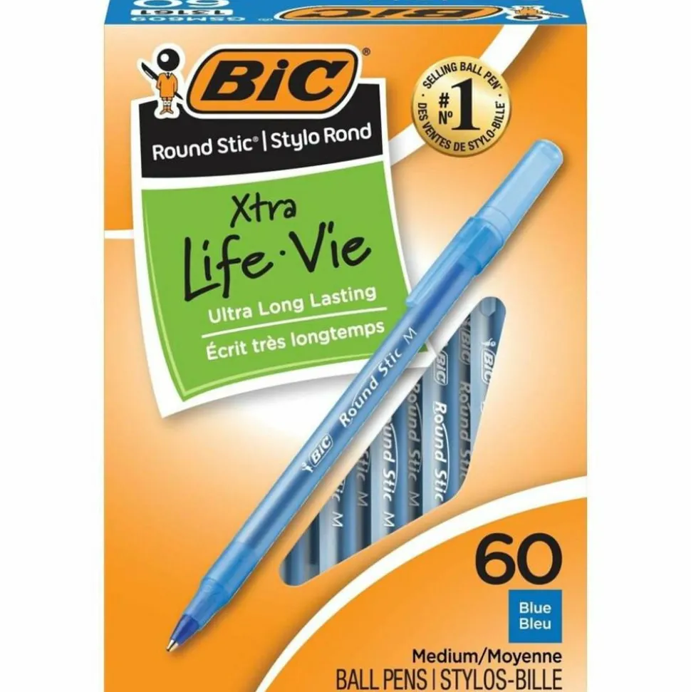 BIC Round Stic Ballpoint Pens, Medium Point, 1.0 mm, Translucent Barrel, Blue Ink, Box Of 60