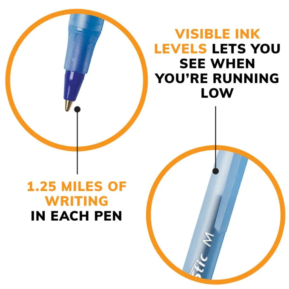 BIC Round Stic Ballpoint Pens, Medium Point, 1.0 mm, Translucent Barrel, Blue Ink, Box Of 60