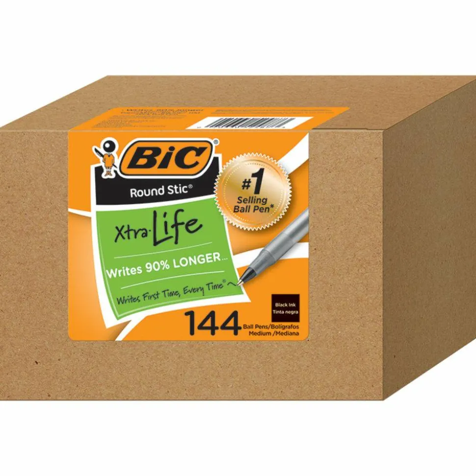 BIC Round Stic Ballpoint Pens, Medium Point, 1.0 mm, Translucent Barrels, Black Ink, Pack Of 144 Pens