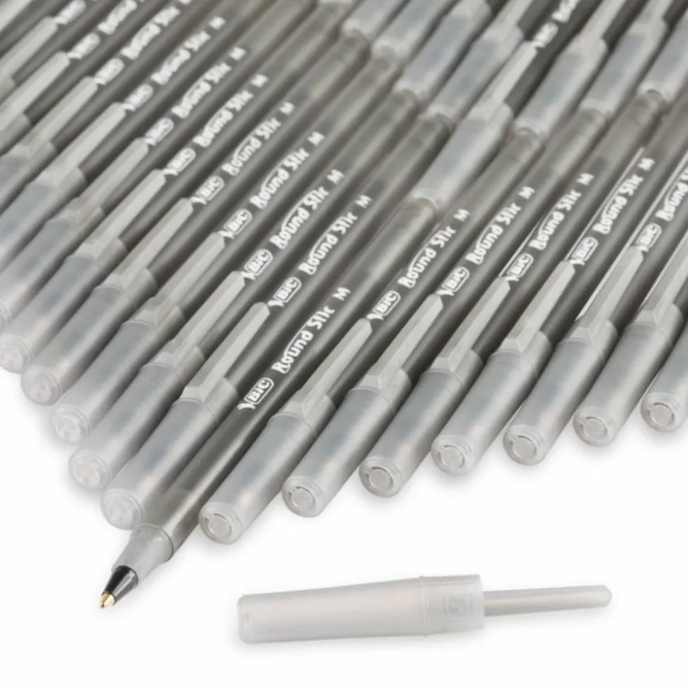 BIC Round Stic Ballpoint Pens, Medium Point, 1.0 mm, Translucent Barrels, Black Ink, Pack Of 144 Pens