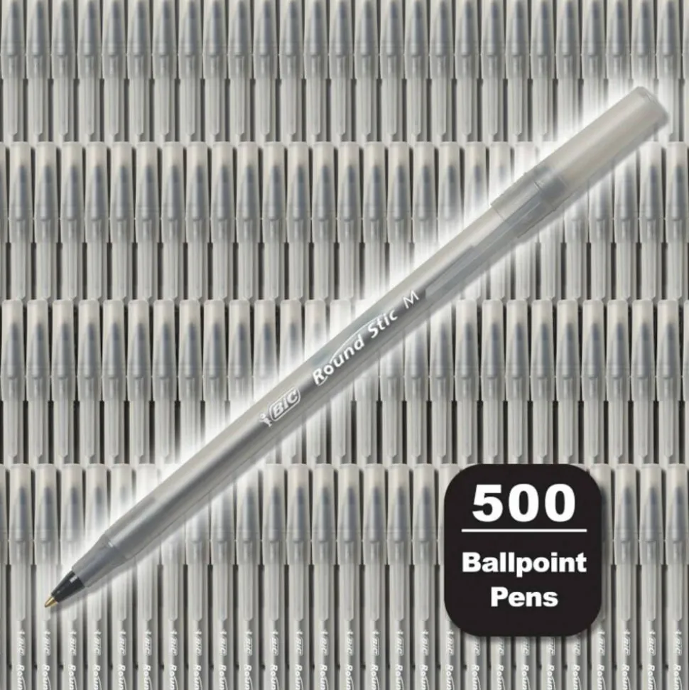 BIC Round Stic Ballpoint Pens, Medium Point, 1.0 mm, Translucent Barrels, Black Ink, Pack Of 500 Pens