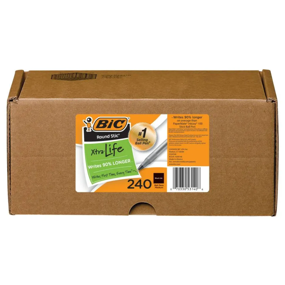 BIC Round Stic Xtra Life Ballpoint Pens, Medium Point, 1.0 mm, Translucent Barrel, Black Ink, Box Of 240 Pens