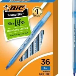 BIC Round Stic Xtra Life Ballpoint Pens, Medium Point, 1.0 mm, Translucent Barrel, Blue Ink, Pack Of 36 Pens