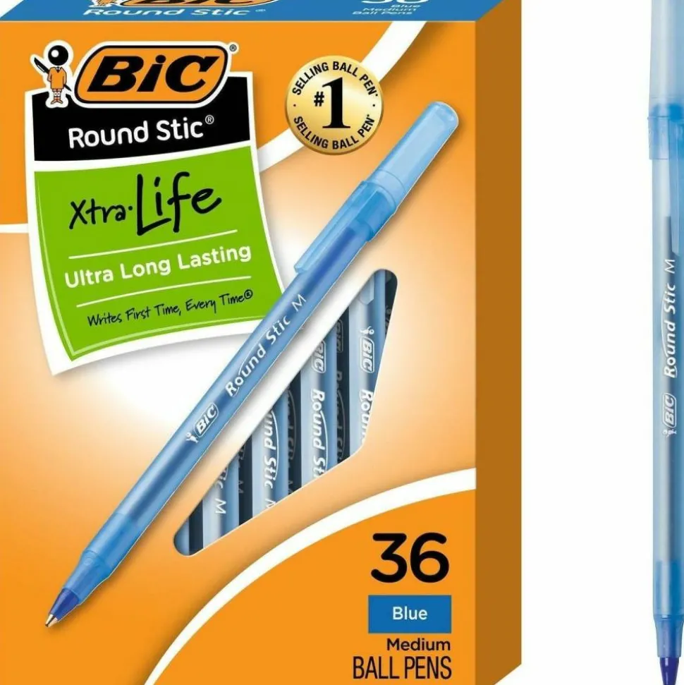 BIC Round Stic Xtra Life Ballpoint Pens, Medium Point, 1.0 mm, Translucent Barrel, Blue Ink, Pack Of 36 Pens