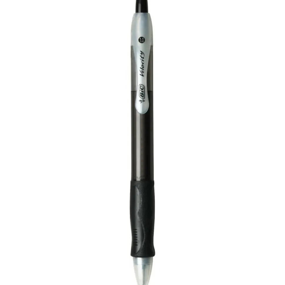 BIC Velocity Retractable Ballpoint Pens, Medium Point, 1.0 mm, Assorted Barrels, Black Ink, Pack Of 12